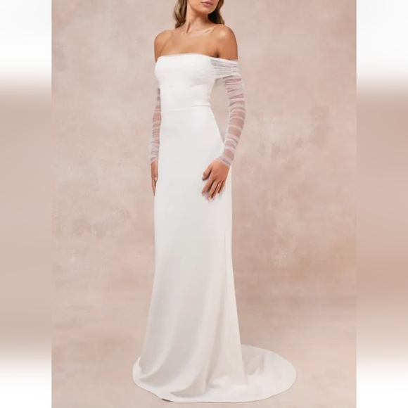 Lulus NWT Beautifully Beloved White Mesh Off-the-Shoulder Maxi Dress Size S - Picture 7 of 12